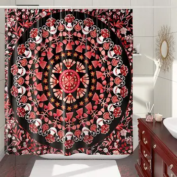 Bohemian Duş Perdesi Kırmızı Mandala Vintage Duş Perdesi Siyah Sanat
