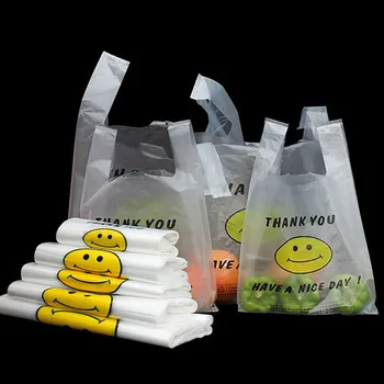 Plastik poşetler Mağaza Gülen Şeffaf Yelek Teşekkür Ederim Çanta Tek Kullanımlık Alışveriş Ambalaj Kolaylık Toptan Tote Çanta