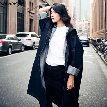 Siper Kadın Kapşonlu Katı Denim Gevşek Orta Uzun Moda Eğlence Kore Tarzı Retro Streetwear Çiftler Mont BF PopularUlzzang