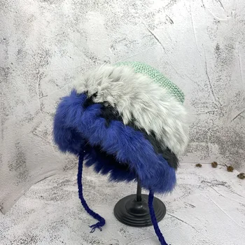 Tavşan Kürk El Yapımı Dıy Örme Dikiş Tavşan Kürk Yün Şapka Sıcak Kavun Deri Kap Tatlı Kaput Tasarımcı Bonnet Şapka Kadınlar için