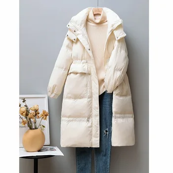 Şişme ceket kadınlar orta uzunlukta kalın 2021 Kore moda gevşek ve ince beyaz ördek aşağı kapşonlu uzun kollu ceket