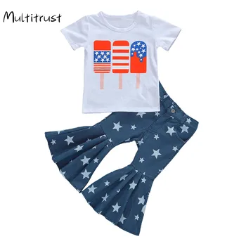 2-7Y Toddler Bebek Kız Giysileri Setleri Mektup Baskı Kısa Kollu Beyaz T Shirt Üstleri Flare Pantolon 2 adet