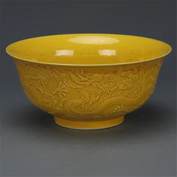 Erken koleksiyonu Qing Hanedanı Qianlong yıl Jiaohuang sırlı ejderha kase el plaka antika porselen koleksiyonu