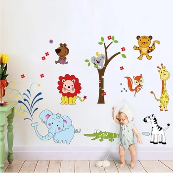 Hayvan aslan fil duvar çıkartmaları orman Hayvanat Bahçesi Safari dekor kreş bebek çocuk yatak odası dekorları sanat