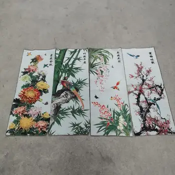Çin Dört ekran boyama Thangka nakış işlemeli ipek goblen nakış Çiçek ve kuş boyama