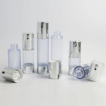 10x15ml 30ml 50ml Boş Şeffaf Don Havasız Pompa Kozmetik Şişeleri Gümüş Kap Losyon Krem Şişeleri Vakum Tuvalet Malzemeleri