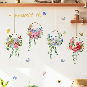 2 adet Çiçek Sepeti Çiçek İngilizce Sloganı Kelebek Karikatür Duvar Sticker Arka Plan Oturma Odası Dekorasyon Duvar Duvar Sticker