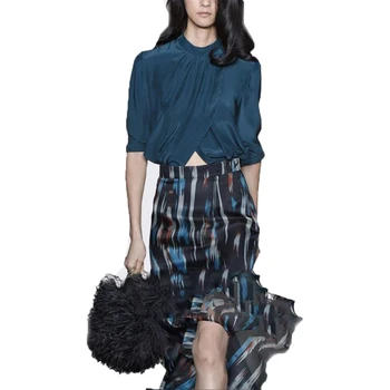 2018 Yaz Kadın 2 Parça Set Streetwear Yarım Kollu Teal-Yeşil Üst ve Fishtail Etek Kadın Criss-Çapraz Bluz ve Uzun Etek Takım Elbise
