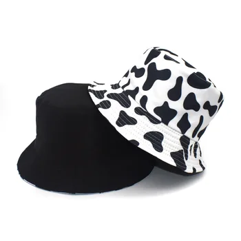 2021 Yeni Moda Geri Dönüşümlü Siyah Beyaz İnek Baskı Kova Şapka Panama Yaz Güneş Kapaklar Kadın Erkek Balıkçı Şapka