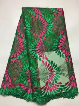 5 Yards / pc Sıcak satış yeşil ve fuşya pteris tasarım fransız net dantel nakış afrika örgü dantel kumaş elbise için JY3-2