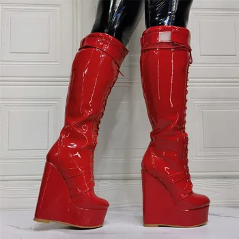 Bayanlar Yeni PU Ayakkabı Kırmızı Spor Hnee Yüksek Yuvarlak Ayak Yüksek Takozlar Yüksek Platformu Çizmeler Kadın Moda Comfot Toka Çapraz Strp çizmeler