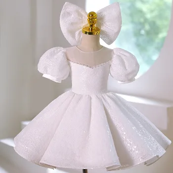 Bebek elbise butik kız elbise çocuklar için Beyaz sequins bebek prenses yay tutu elbise Doğum Günü partisi çocuk giyim