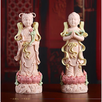 Bir çift Budizm Taoizm şekil Guan yin Avalokitesvara JİN TONG YU NV TONG Zİ buda Asya EV aile koruma FENG SHUİ heykeli