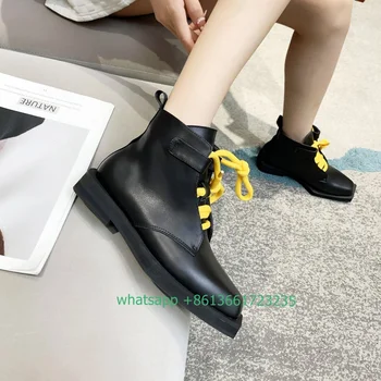 Bot Square Toe Platform Ayak Bileği Siyah Hakiki Deri Dantel Düz Ayakkabı Kadın Moda 2022 Yeni Tasarım Lüks Çizme Bot 