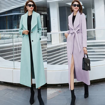 Butik Uzun Yün Palto kadın Kış 2021 Kore Kadın Yaka Zarif Kalın Sıcak Yün Ceket Kemer Hırka Giyim