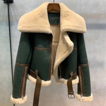Büyük boy 5XL Parker Ceket Kadınlar Yeni Kış Motosiklet Giyim Kadın Gevşek Kalın Sıcaklık Kürk Bir Koyun Kesme Kısa Giyim