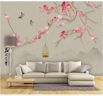 Büyük özel ev dekorasyon duvar kağıdı duvar el-boyalı çiçekler ve kuşlar kırmızı erik mürekkep manzara TV arka plan duvar