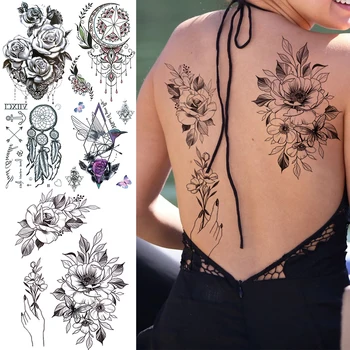 DIY Şakayık Geçici Dövmeler Kadınlar Kızlar İçin Gerçekçi Gül Dantel Sahte Takı Hummingbird Dövme Etiket Yıkanabilir Dövme Geri