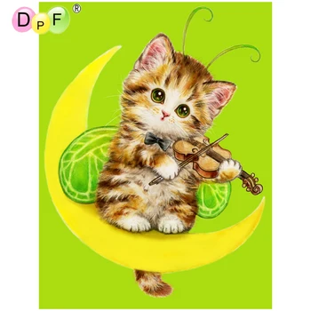 DPF 5D Yuvarlak tam Elmas boyama Çapraz Dikiş ay kedi oynar keman Elmas Nakış İğne elmas Mozaik dekor el sanatları