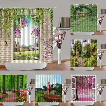 Fantezi Bahçe Duş Perdesi Renkli Çiçekler Yeşil Bitki Orman Ağaçları Çiftlik Evi Doğal Peyzaj Kelebek Banyo Perdeleri