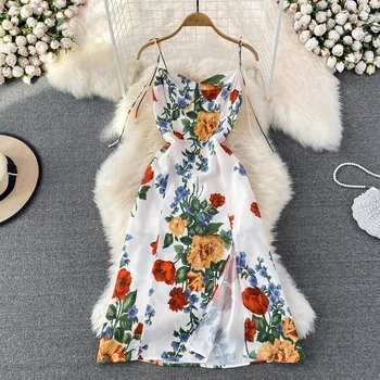 Gils Seksi Baskılı tatil elbisesi 2022 Yeni Yaz İnce Kolsuz Bölünmüş askı elbise kadın Backless Gül Çiçek Baskı Elbise