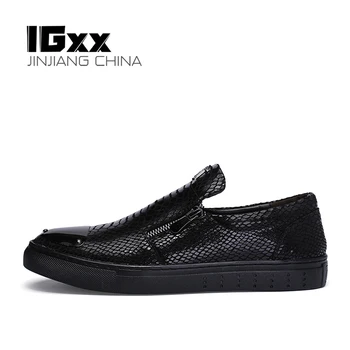 IGxx Zip Ayakkabı Erkekler İçin Glitter Punk Metal Yılan rahat ayakkabılar erkek Flats Hakiki deri motosiklet Ayakkabı Fermuar