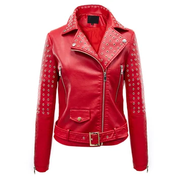 Ilkbahar Sonbahar PU Deri Biker Ceket Kadın İnce Ceket Şık Kırmızı Siyah İçi Boş Motosiklet Ceketler Bayanlar Rüzgarlık Streetwear Yeni