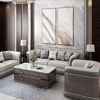 Işık lüks İtalyan basit kombinasyon oturma odası masif ahşap mobilya Amerikan modern İskandinav villa boyutu daire deri