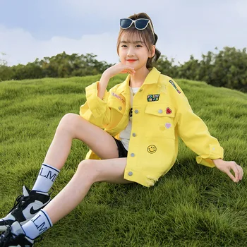 İlkbahar Sonbahar Denim Ceket Kızlar Gevşek Kore Streetwear 2022 Yeni Vahşi İşlemeli Hırka Üstleri Çocuk 6-14 Yıl Genç Giyim
