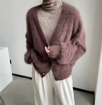 JSXDHK Moda Kadın Mor Fener Kollu Kazak Ceket Yeni Sonbahar Kış Payetli V Yaka Vizon Kaşmir Kalın Sıcak Gevşek Hırka