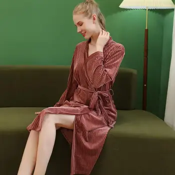 Kadife Çizgili Kadın Elbise Bahar Sonbahar Pijama Uzun Kollu Bornoz Elbisesi Femme Kadife Kimono Kıyafeti Rahat Ev Giyim