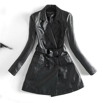 Kadın Deri Trençkot Siyah PU Ceket Uzun Boy Yaka Uzun Kollu İnce Giyim Streetwear Moto Ceket Kadın