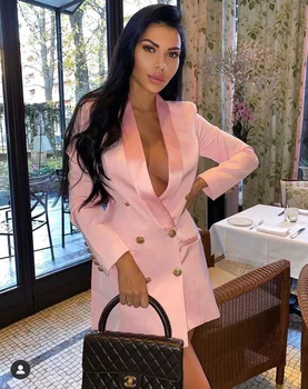 Kadın Kot Pembe Kot Blazer Takım Elbise İnce Kruvaze Düğme Uzun Kollu Ceket Moda Çentikli Yaka Bayanlar Blazer Ceket
