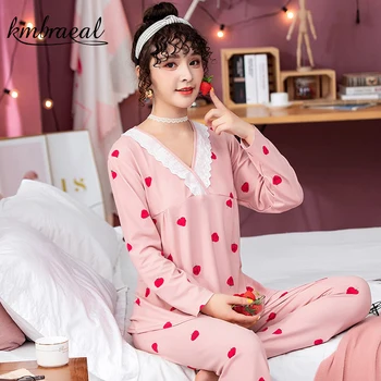 Kadın Pijama İlkbahar ve Sonbahar Uzun Kollu Dantel V Yaka Bu Yaz İnce Pamuklu Elbise Tatlı Ev Almak 2 Parça Set Kadın