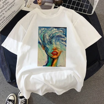Kadın T Shirt Komik Yağlıboya Baskı Yaz Kısa Kollu Üst Tees Kız Büyük Boy T-Shirt Moda Streetwear Harajuku