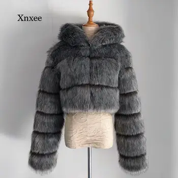 Kadın Yeni Moda Faux Fox Kürk Ceket Büyük Boy Kısa Üst Kış Kalın Kabarık Uzun Kollu Kısa İnce Kürklü Kürk ceket