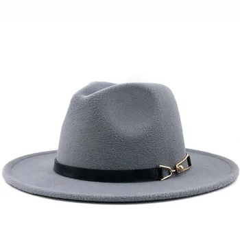 Kadınlar Kış Geniş fötr şapka şapka siyah kuşak Metal Toka İle Panama Fedoras Moda Caz Şapka 56-58CM Toptan