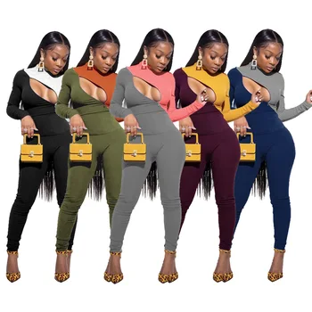 Kadınlar Seksi Renk Kontrast Patchwork İki Parçalı Setleri Kıyafetler Uzun Kollu Kazak Tops Yüksek Bel Elastik Bodycon Pantolon