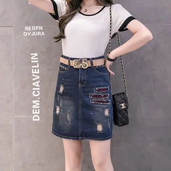 Kadınlar Yüksek Belli Kore Tarzı İnce Artı Boyutu Yeni Jean Etekler Yaz Delik Yırtık Nakış Kısa Kot Etek Kadın Streetwear
