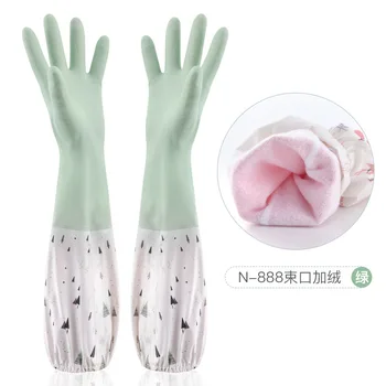 Kalınlaşmış peluş bulaşık eldivenleri su geçirmez kauçuk çamaşır eldivenleri bir peluş ev eldivenleri