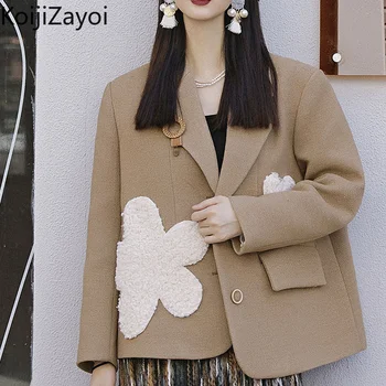 Koıjızayoı Moda Kadın Yün Karışımları Çiçek Chic Kore Dış Giyim Coat Katı Sonbahar Kış Kalın Sıcak Ceketler Zarif Blazers