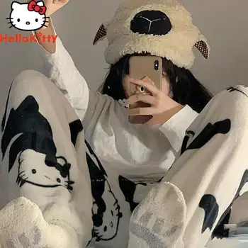 Kış Hello Kittys Pijama Pantolon Kadın Sanrios Mercan Polar Anime Kalınlaşmak Kawaii Evde Dışında Giymek Rahat Sıcak Tutmak düz