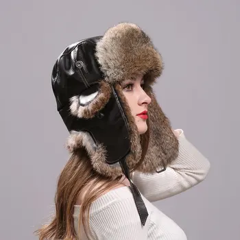 Kış Şapka kadınlar için Gerçek Tavşan Kürk Hakiki Deri Snowboard Kapaklar Kulak Flep ile Rus Trapper kadın Şapka Toptan