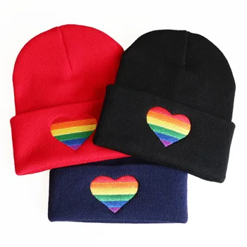 LGBT Kış Şapka Nakış Renkli Aşk Şekli Bere Pamuk Gökkuşağı Kalp Örgü Skullies Hip Hop Açık Streetwear Sıcak Kayak Kap