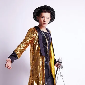 Marka Yeni Erkek Şarkıcı Yıldız Gösterisi trençkotlar Gece Kulübü Altın Bling Sequins Uzun Kostüm Ceketler Parlak Sequins Uzun Palto Boyutu XL