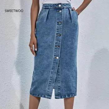 Moda Tek Göğüslü Diz Boyu Kot Etek Kadın Streetwear Yeni Rahat Cep Yüksek Bel Düz Kot Etekler Kadın