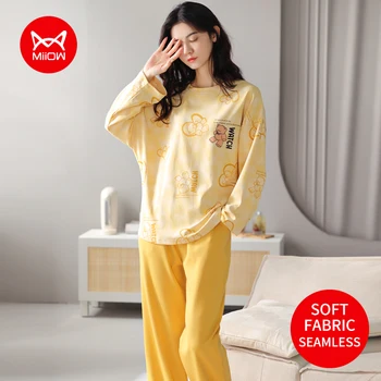 MııOW Sarı Rahat Pijama Set Sevimli Hayvanlar Pijama Pamuk Uzun kollu Pantolon Sonbahar Ve Kış Loungewear Kadın Ev Tekstili