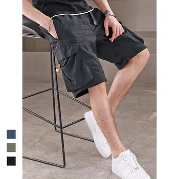 Overallsathletic şort Erkek Yaz Gevşek Rahat pantolon Ins Kore Moda Çok cep Beş noktalı Pantolon Erkek egzersiz şortu