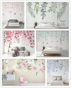 Papel de parede İskandinav suluboya çiçekler ve yapraklar modern 3d duvar kağıdı duvar, oturma odası tv duvar çocuk yatak odası ev dekor