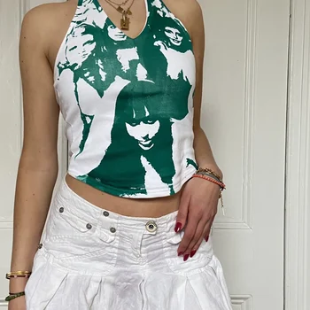 Portre Grafik Baskı T-shirt 90s Vintage Harajuku Kırpma Üst Y2K Estetik Slim Fit Tees Tops Kadın Streetwear Gotik 2021